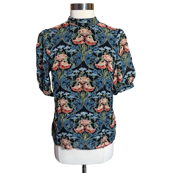 Meadow Rue Anthropologie Art Nouveau Floral Gold Metallic High Neck Keyhole Top - Picture 2 of 10